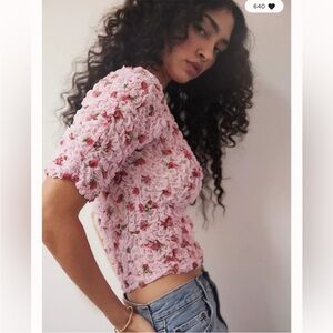 Free People Rosie Posie Cute Pink Floral Ruched Smocked Shirt Top Sz Medium